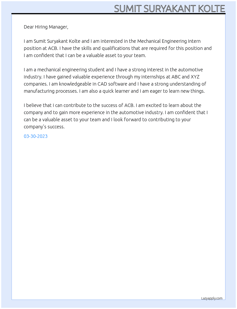 Mechanical Engineering Intern At ACB Cover Letter