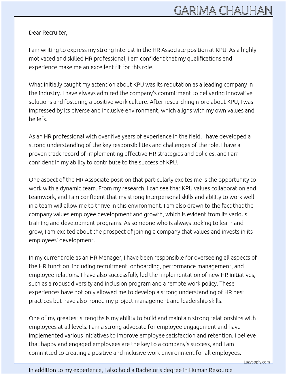 HR Associate At KPU Cover Letter
