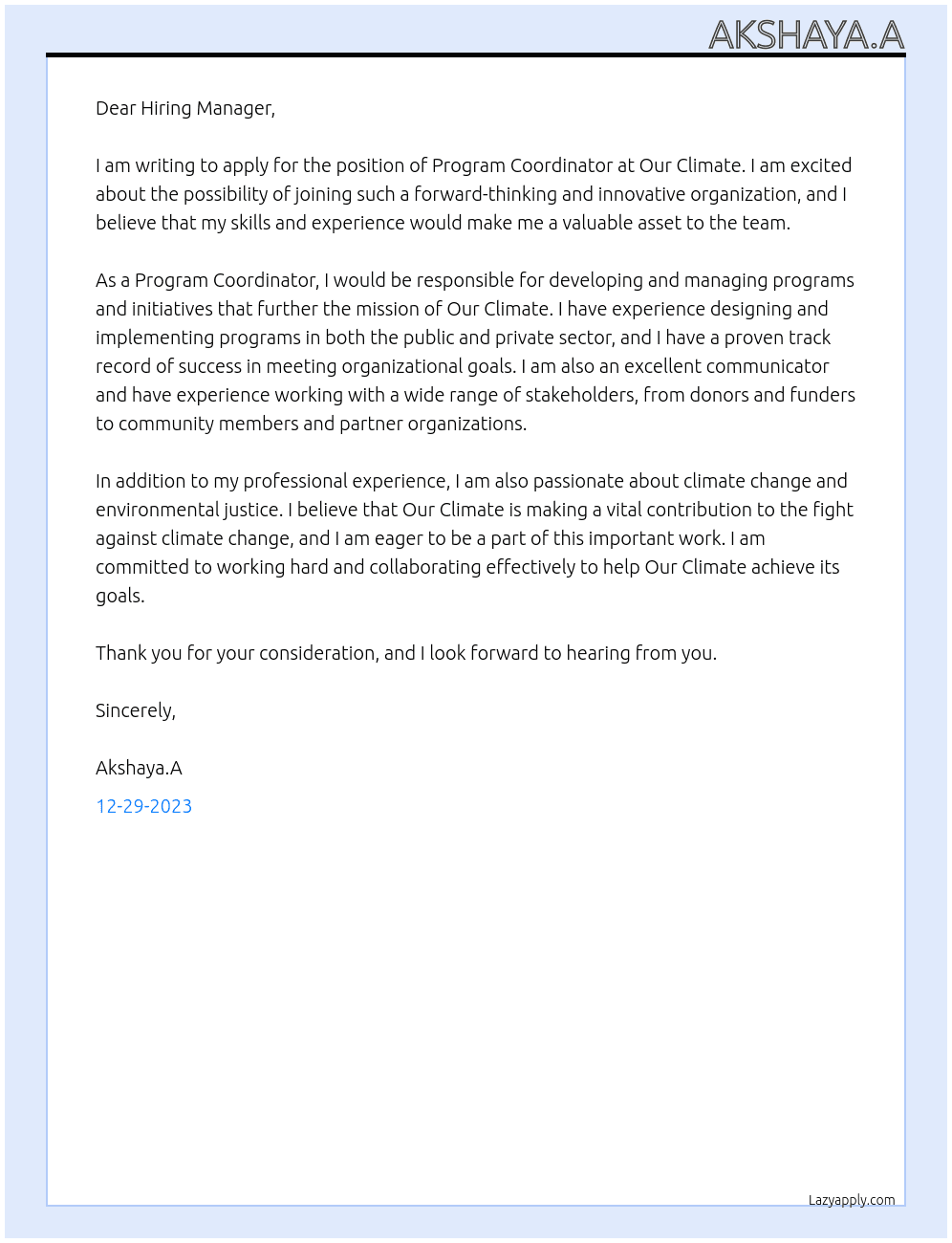 Program  coordinator At Our climate Cover Letter