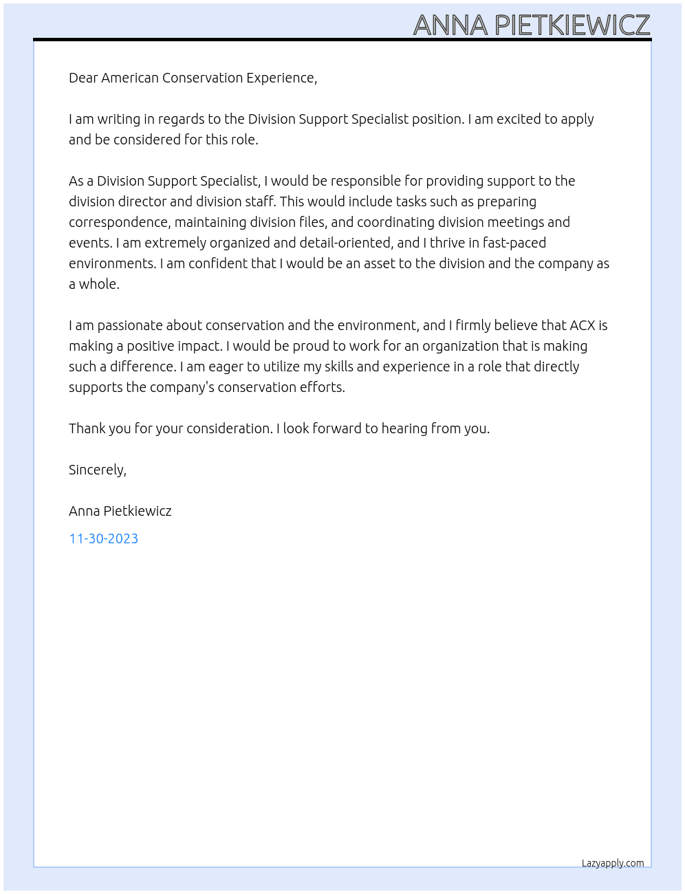 Division Support Specialist At American Conservation Experience  Cover Letter