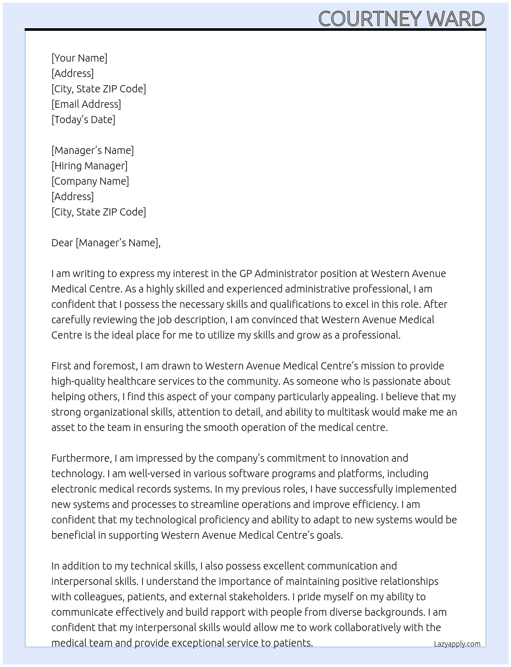 GP Administrator At Western Avenue Medical Centre Cover Letter