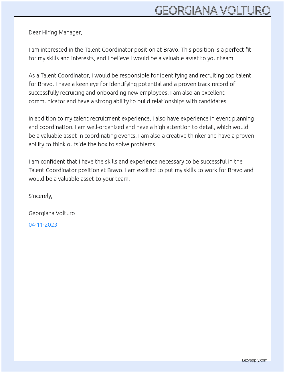 Talent Coordinator  At Bravo Cover Letter