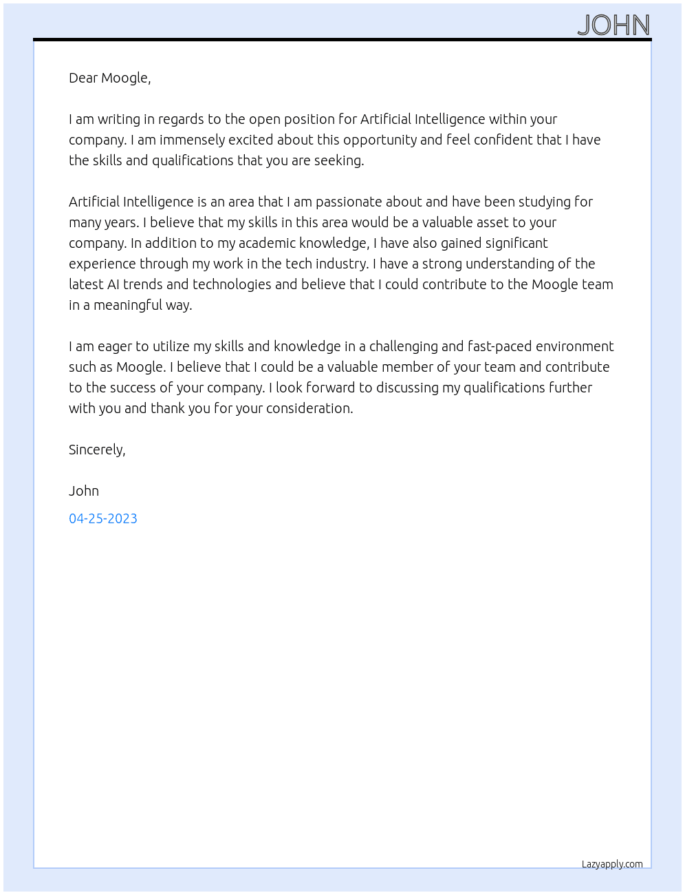 Artificial Inteligence At moogle Cover Letter