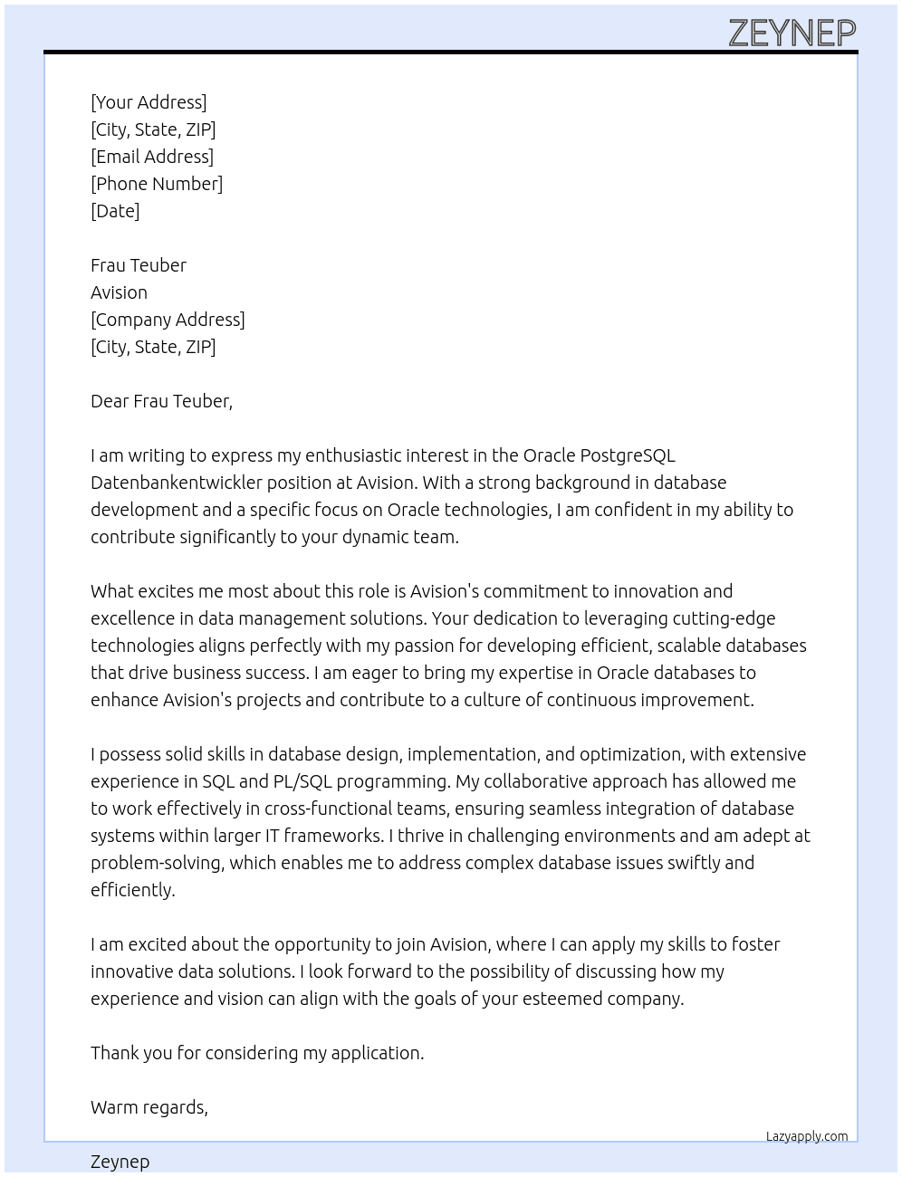 oracle portgresql datenbankentwickler At avision Cover Letter