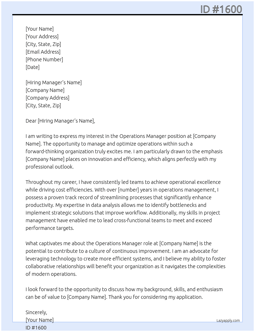 Operations Manager At ID #1600 Cover Letter
