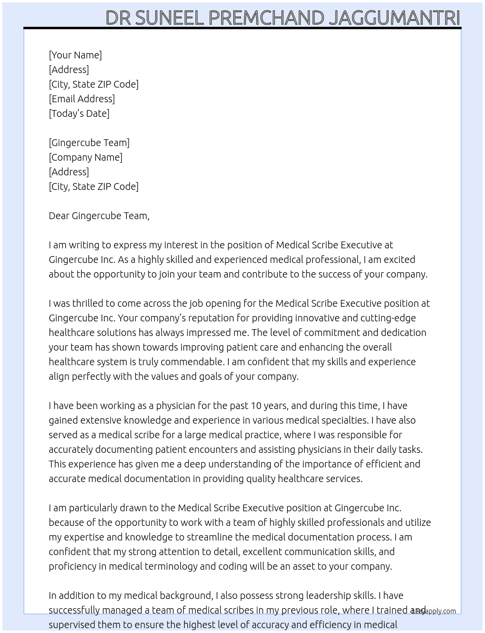 medical scribe executive  At Gingercube Inc. Cover Letter