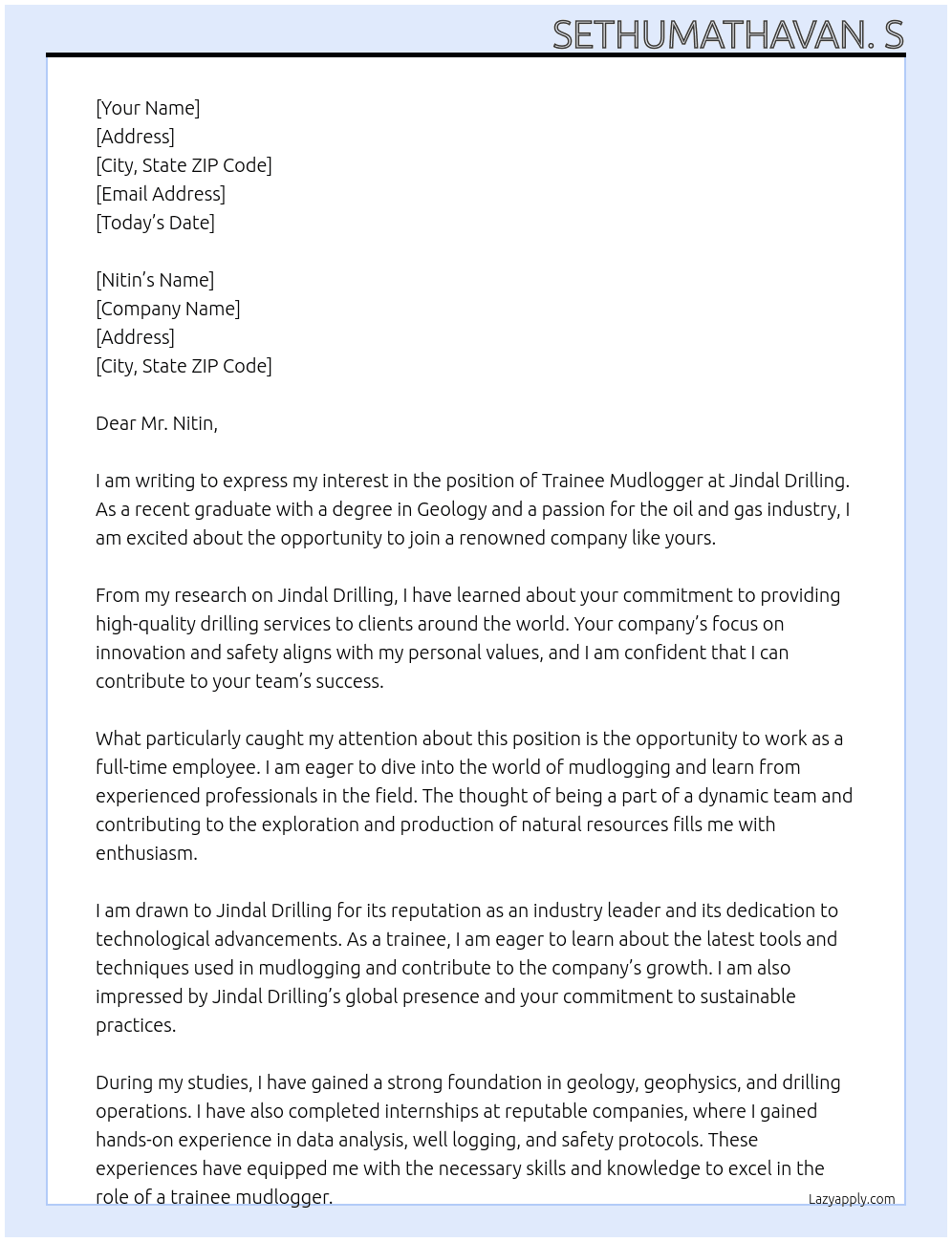 Traniee mudlogger At Jindal drilling  Cover Letter