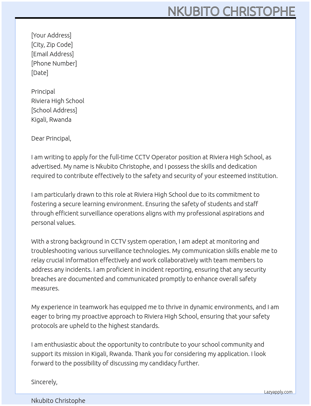 CCTV Operator At Riviera High School  Cover Letter