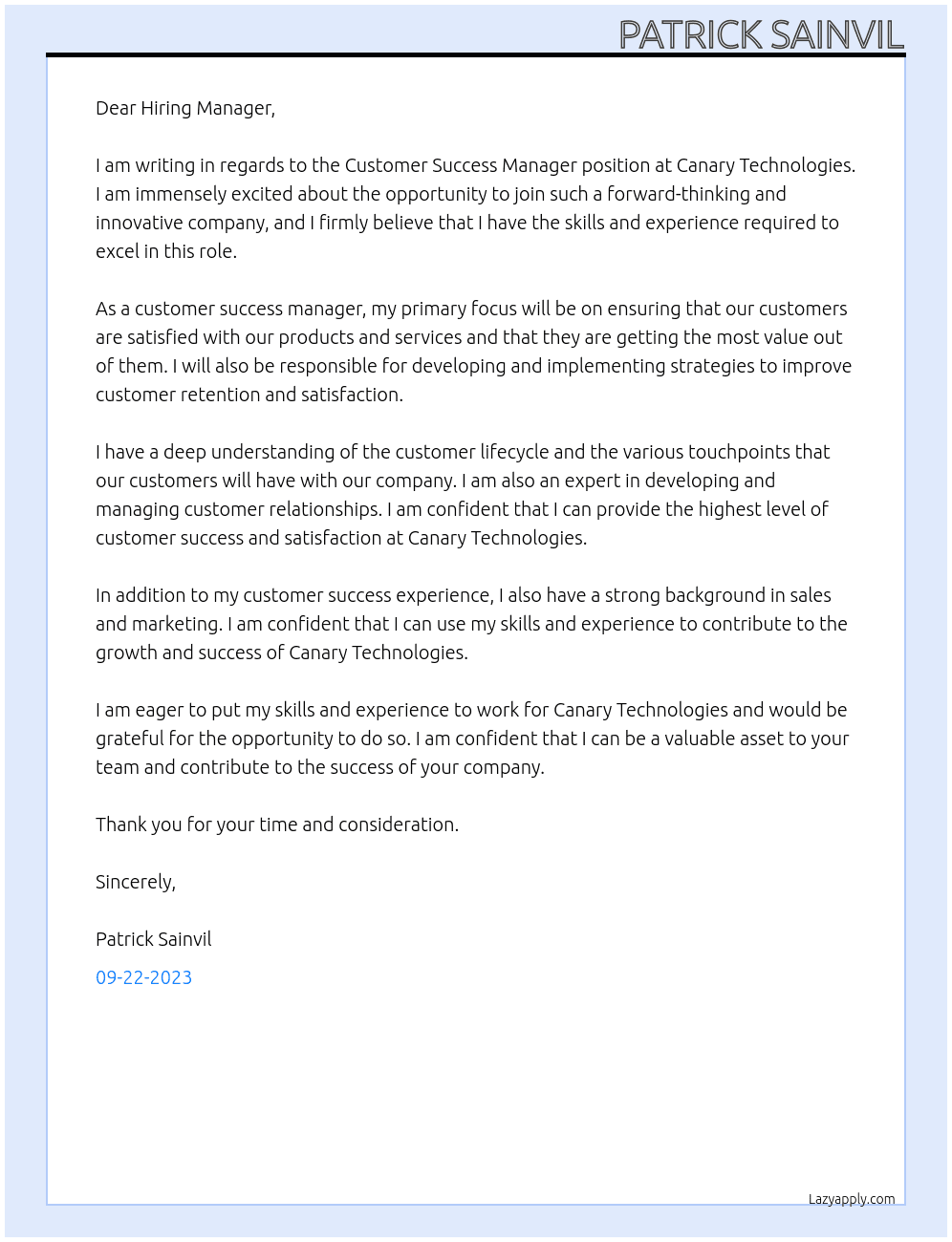 Customer Success Manager At Canary Technologies  Cover Letter