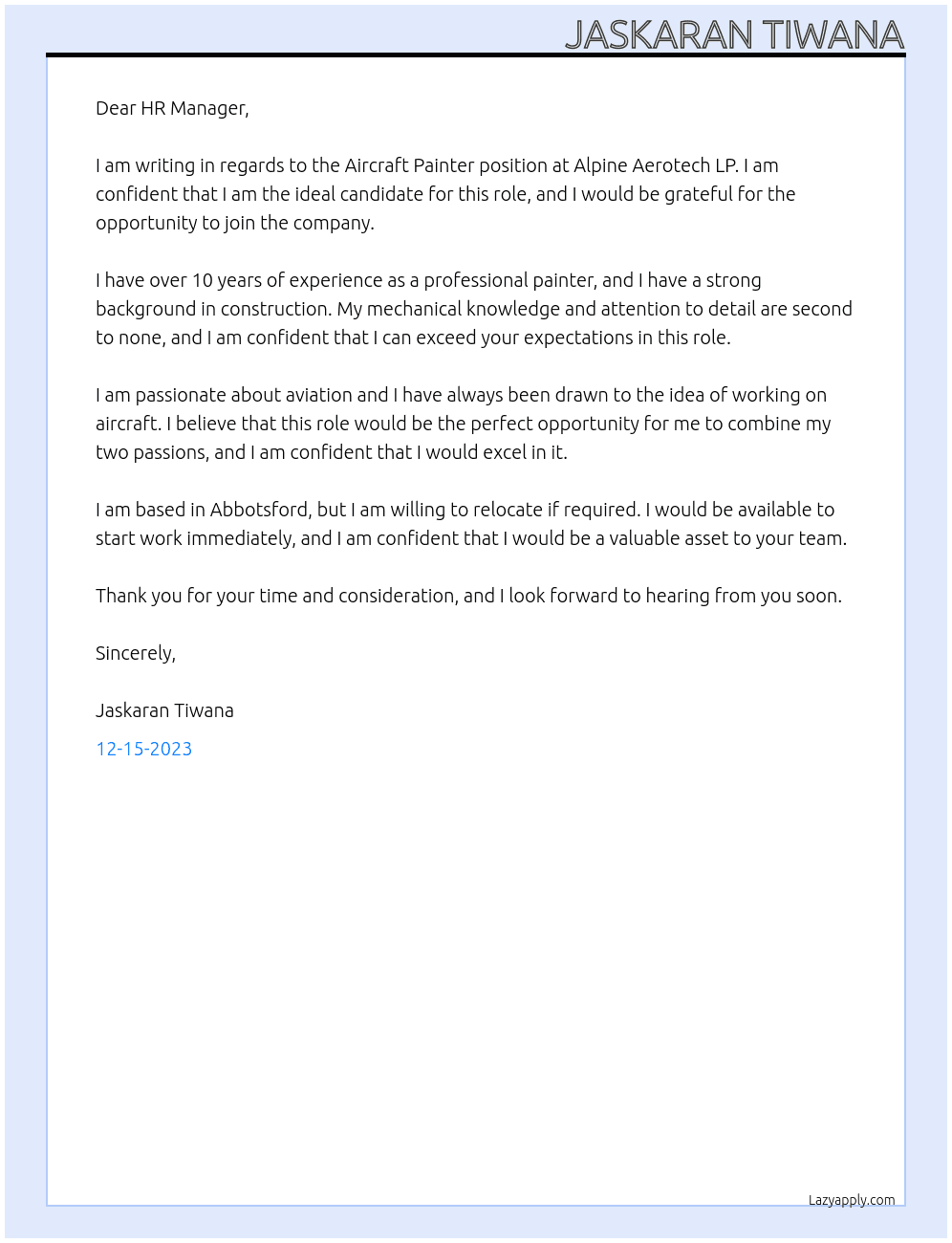 AIRCRAFT PAINTER  At ALPINE AEROTECH LP Cover Letter