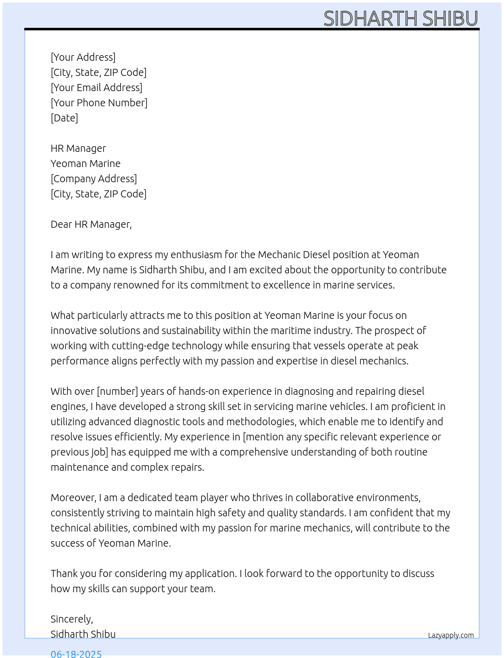 Mechanic Diesel  At Yeoman Marine Cover Letter