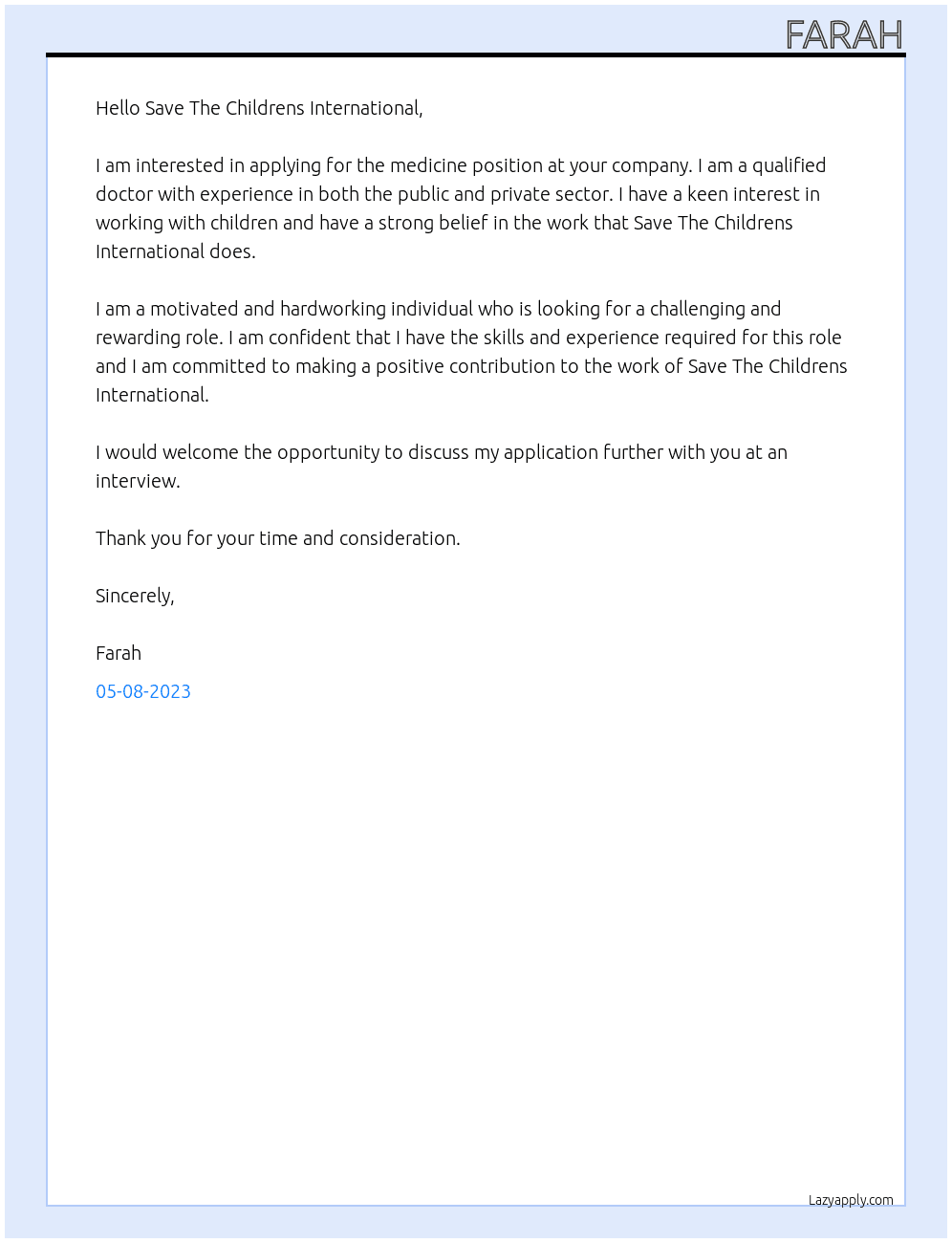 medicine At Save The Childrens International Cover Letter