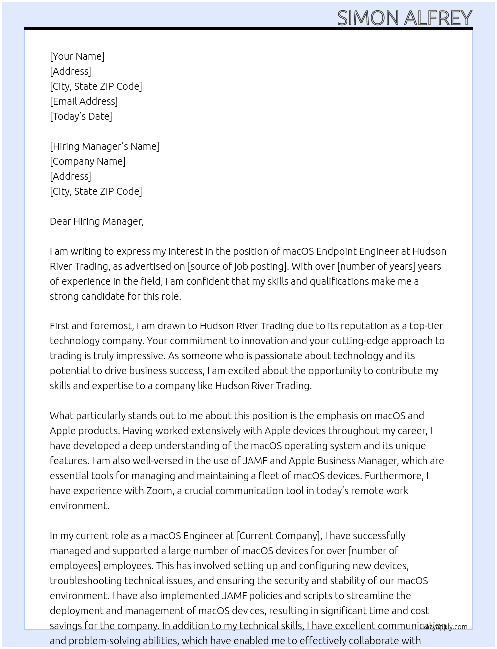 macOS Endpoint Engineer At Hudson River Trading Cover Letter