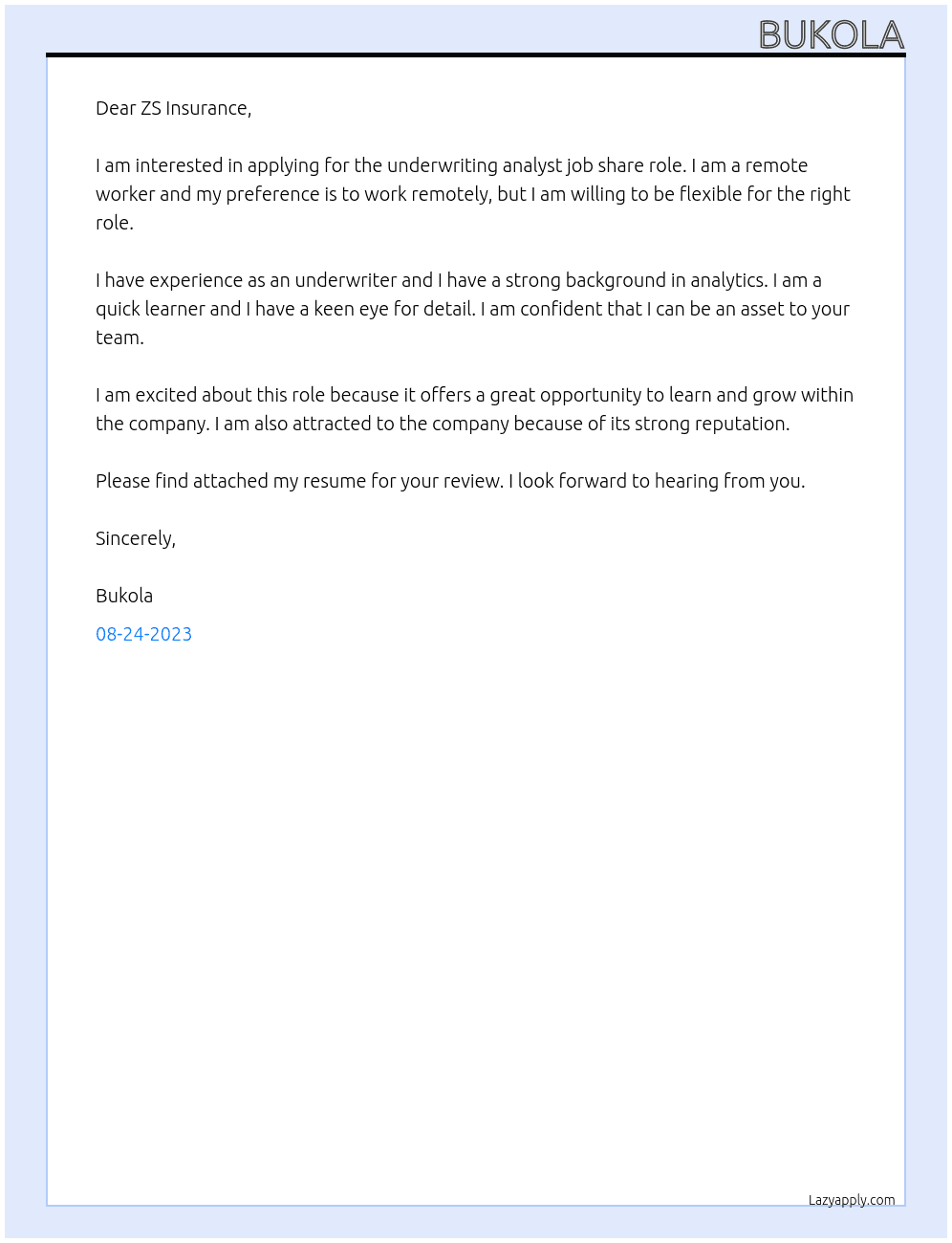 Underwriting Analyst At ZS insurance Cover Letter
