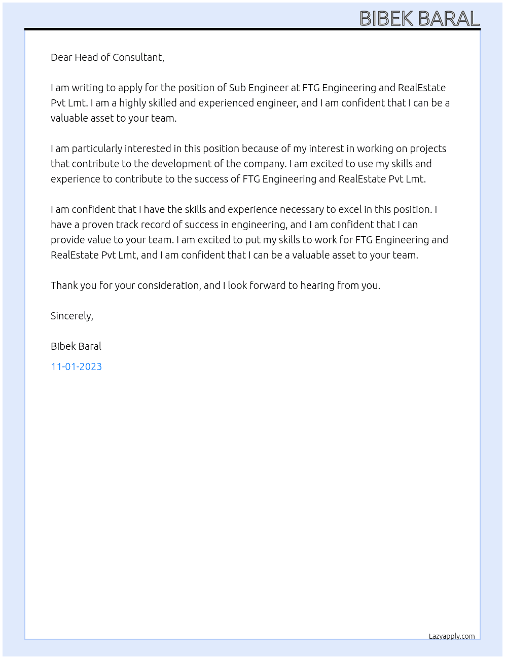 Sub Engineer  At FTG Engineering and RealEstate Pvt Lmt Cover Letter