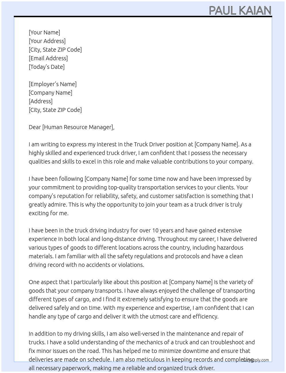 Truck Driver At Truck Driver Cover Letter