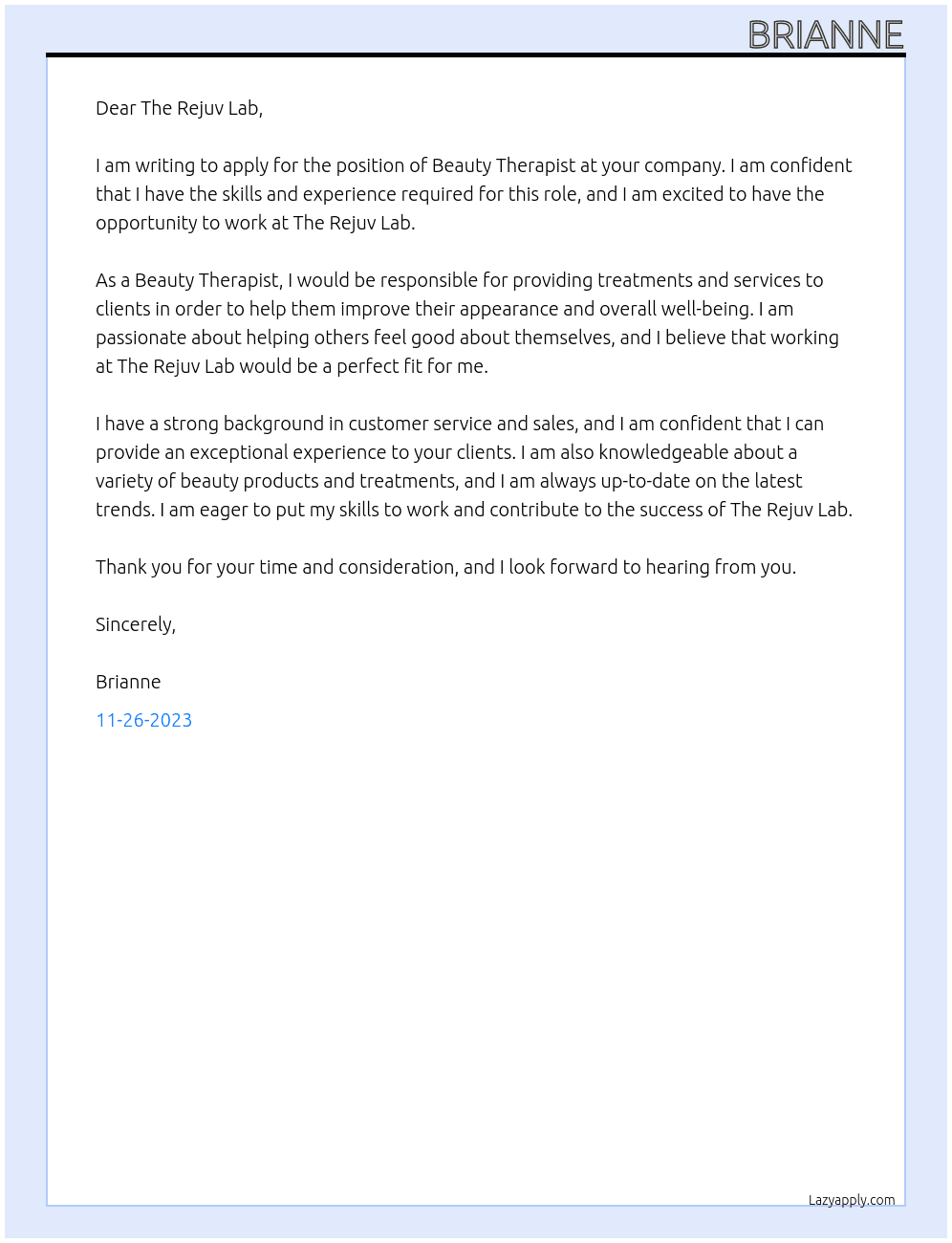 Beauty Therapist At The Rejuv Lab Cover Letter