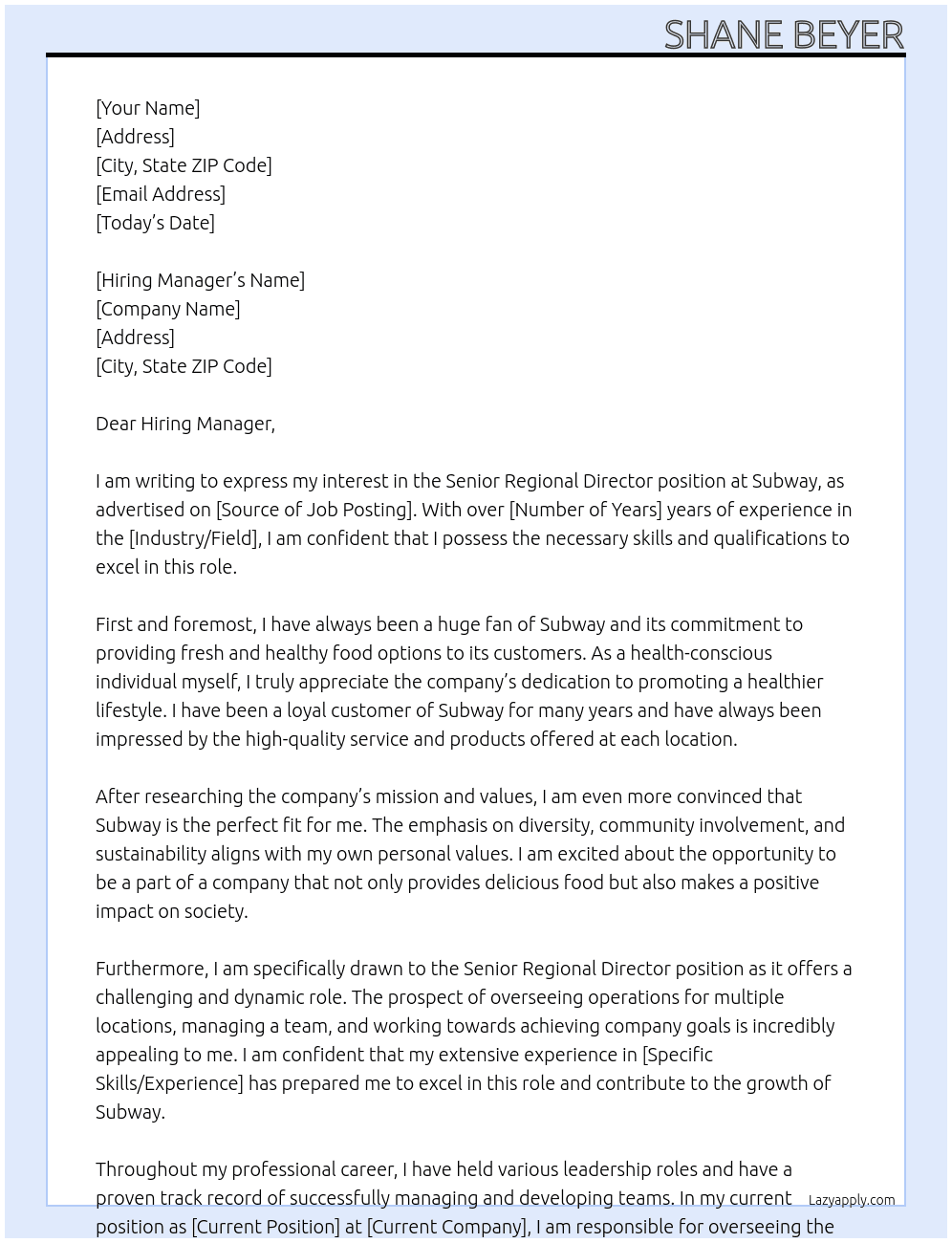 Senior Regional Director At Subway Cover Letter