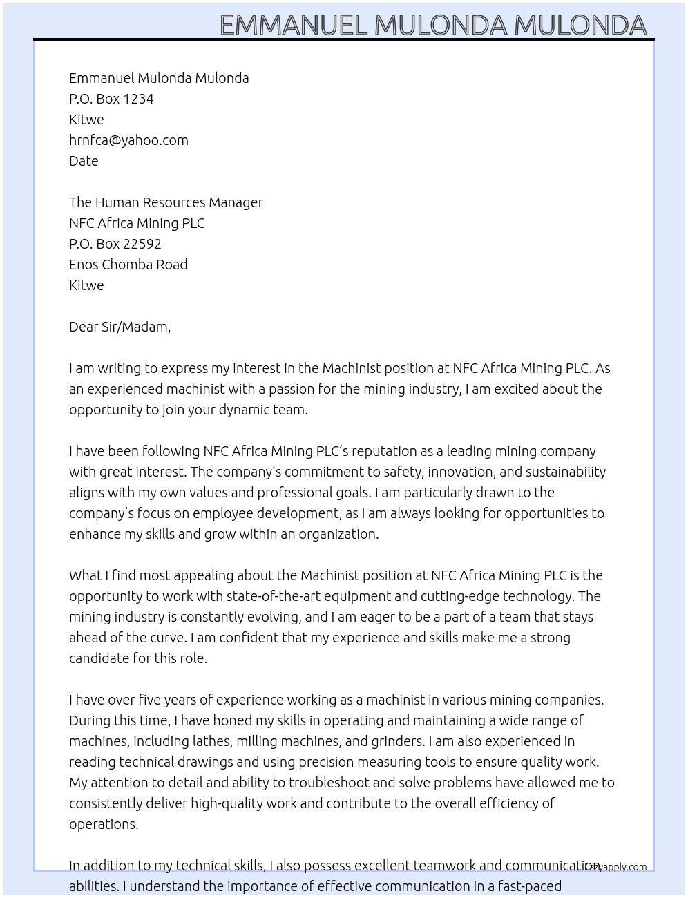 Machinist  At NFC Africa Mining PLC  Cover Letter