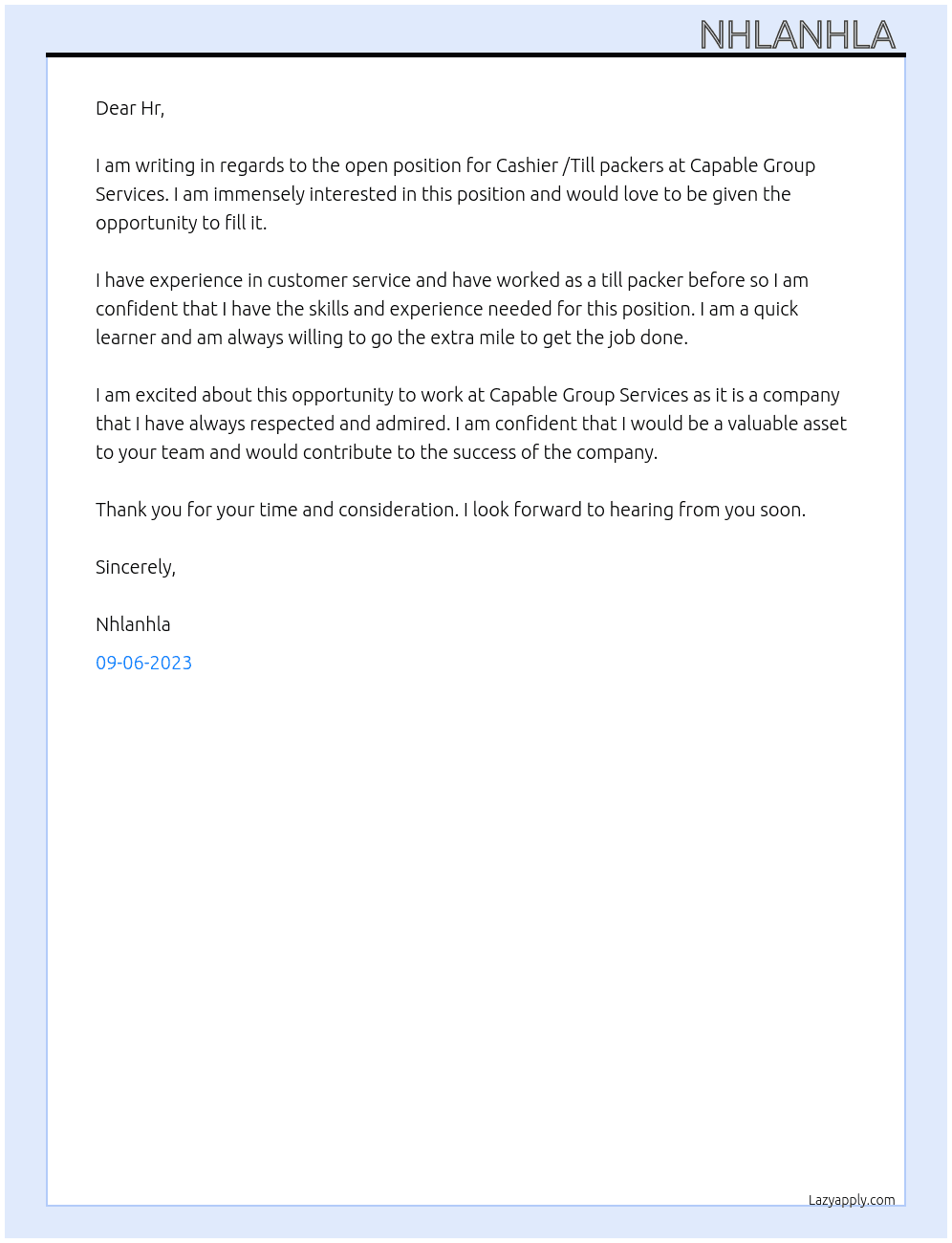 Cashier /Till packers At Capable Group Services Cover Letter