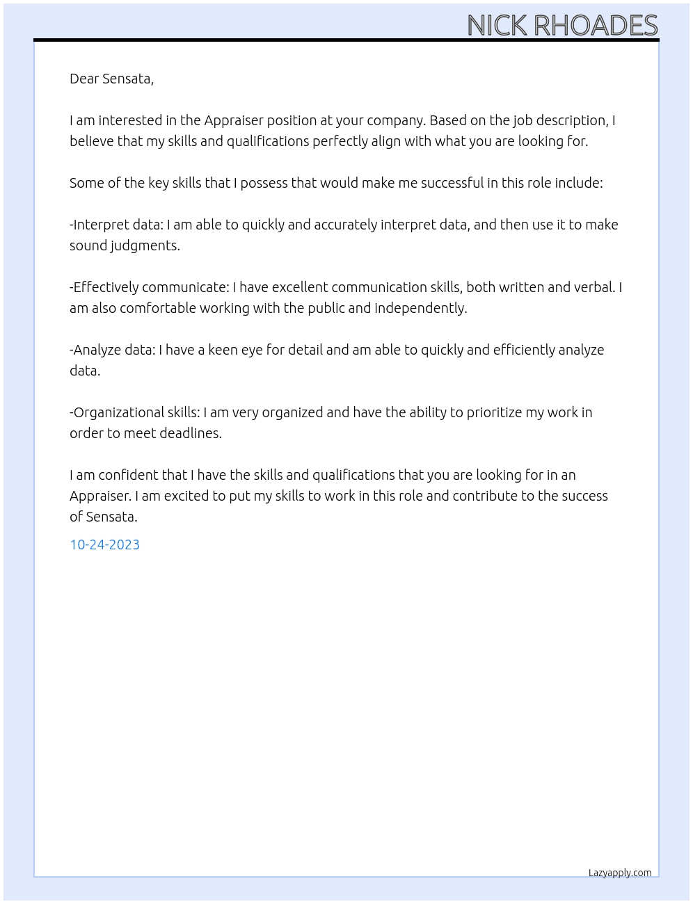 Appraiser  At Sensata Cover Letter