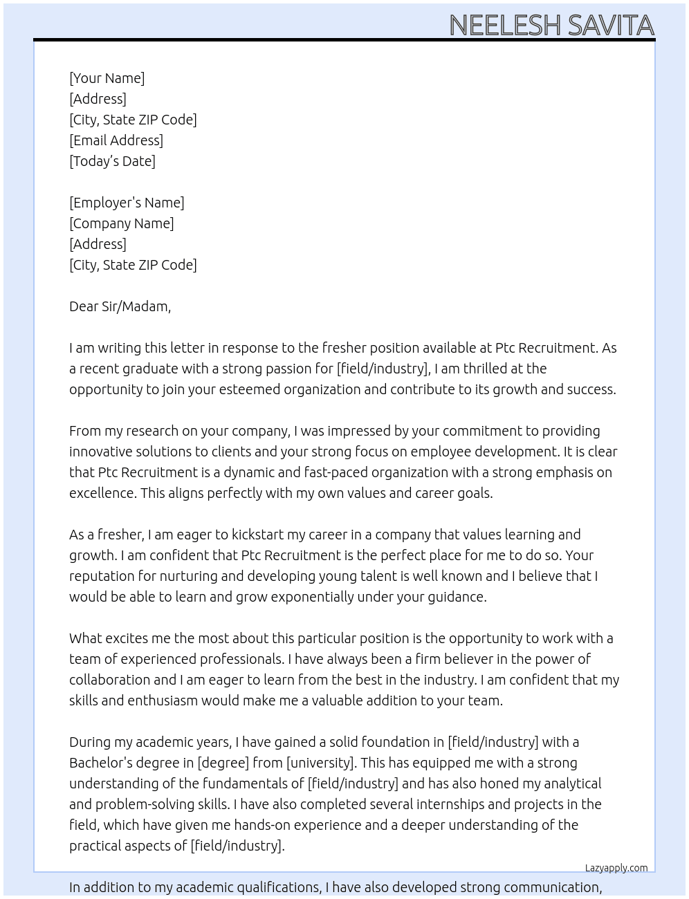 Fresher  At Ptc Recruitment  Cover Letter