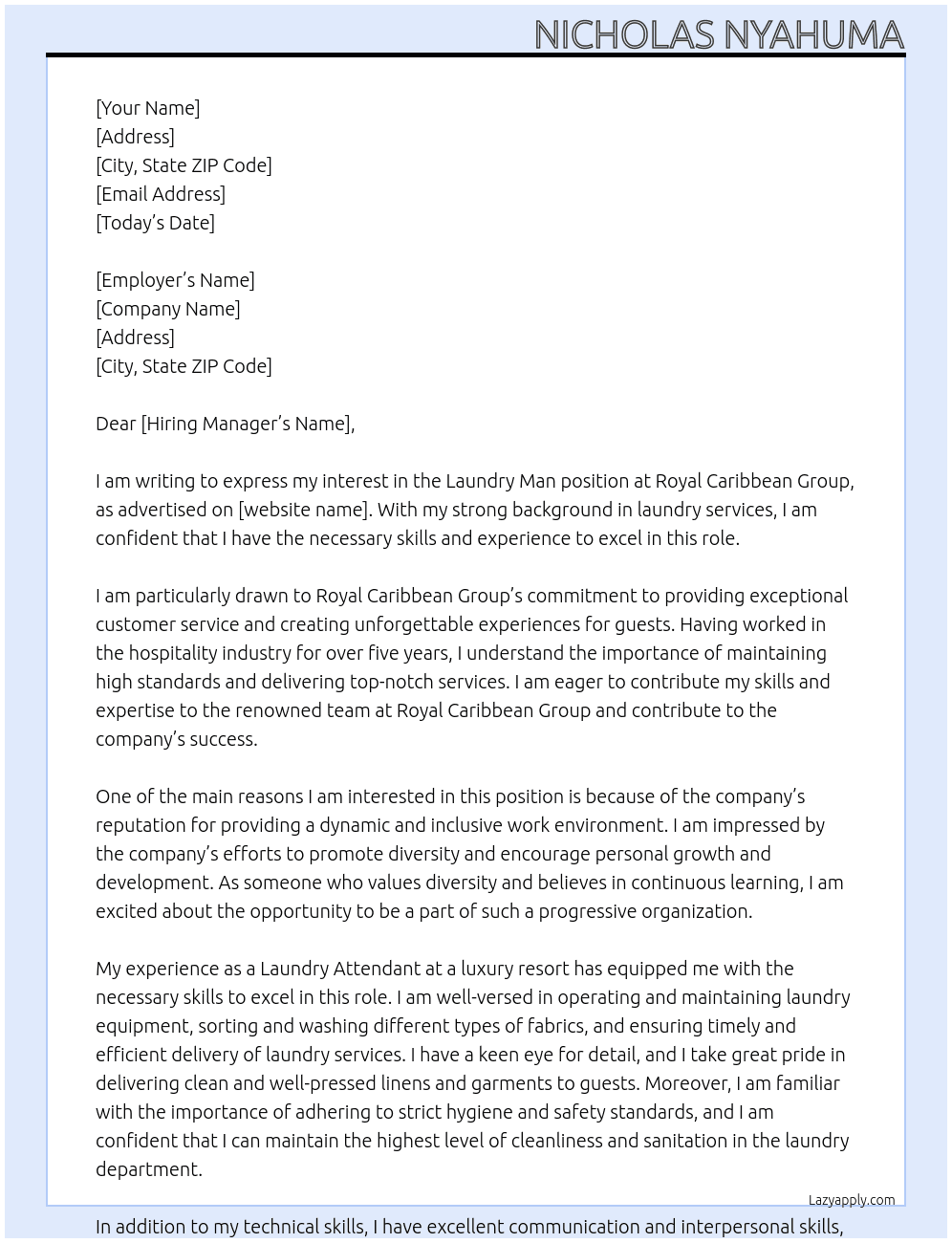 Laundry man  At Royal Caribbean Group Cover Letter
