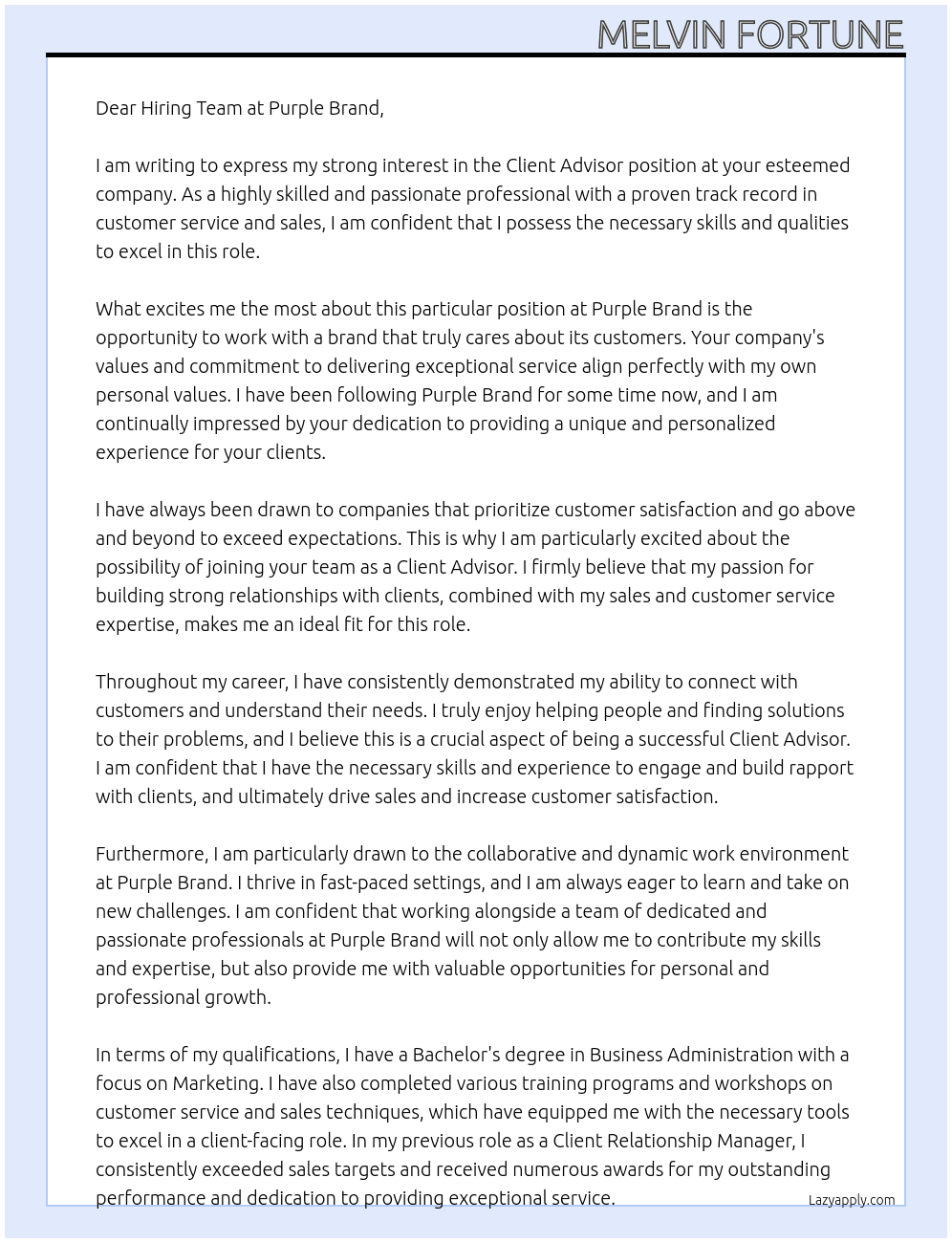Client Advisor At Purple Brand Cover Letter