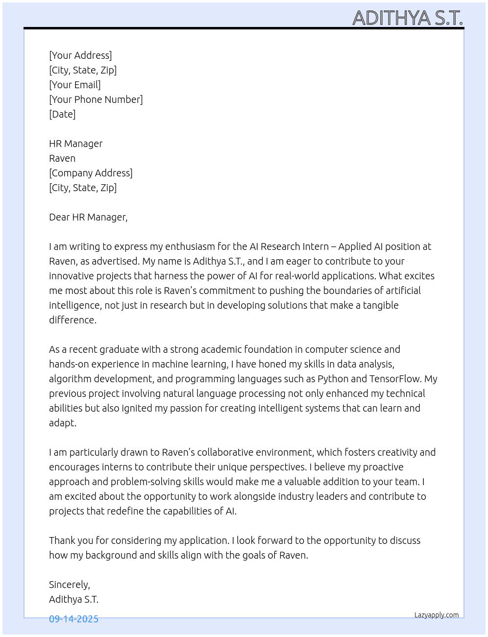AI Research Intern – Applied AI At Raven Cover Letter