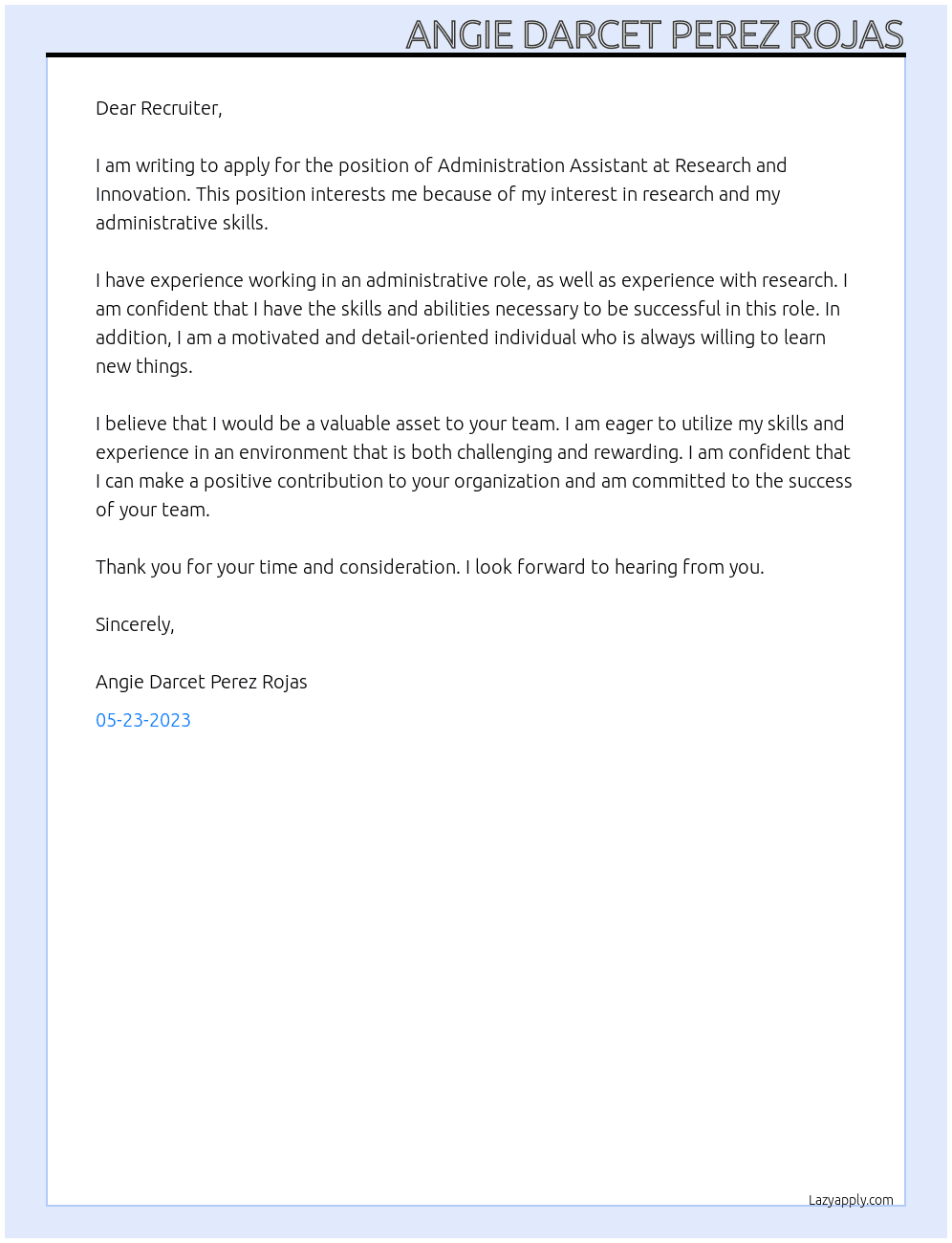 Administration Assistant At Research and Innovation Cover Letter