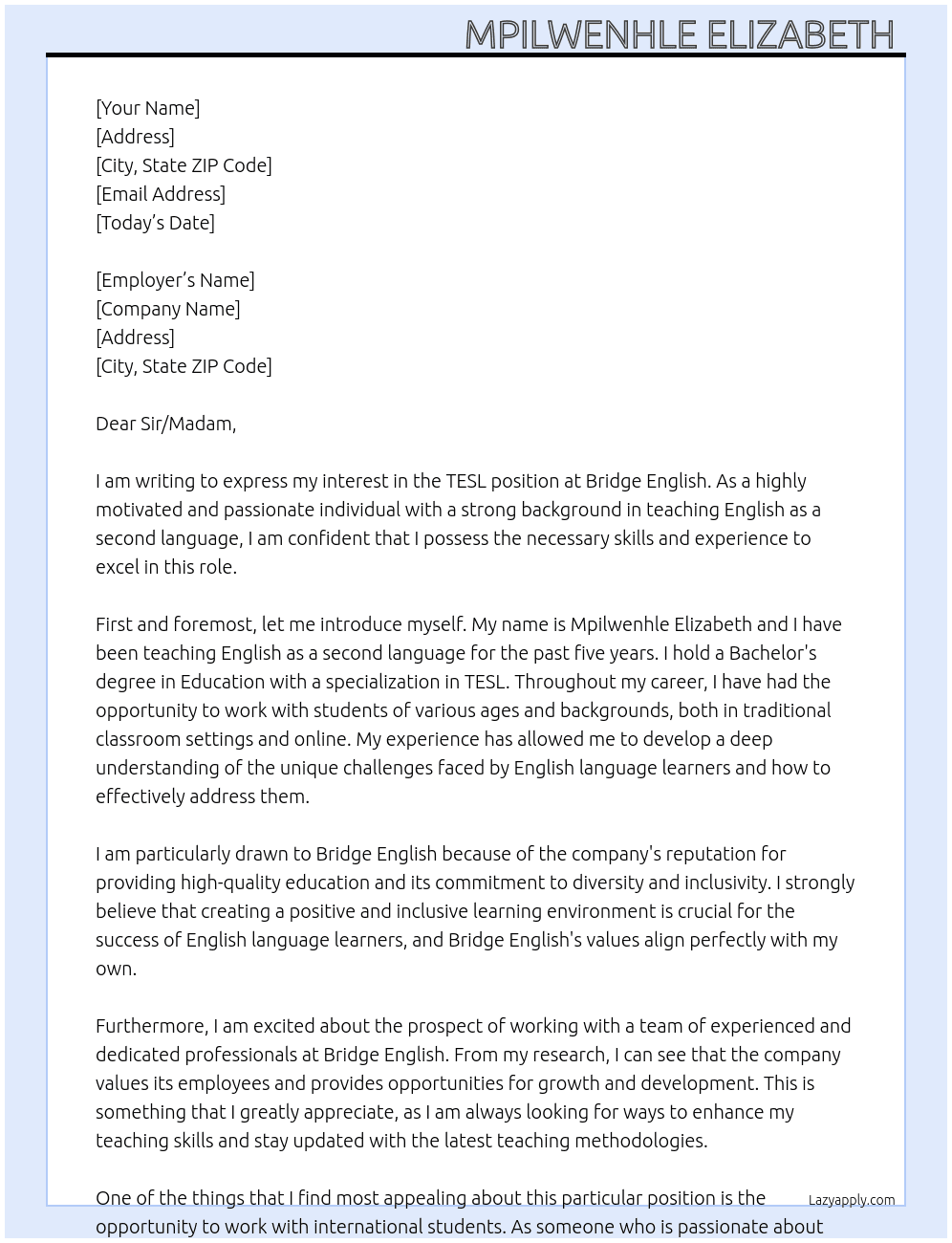 TESL At Bridge English Cover Letter