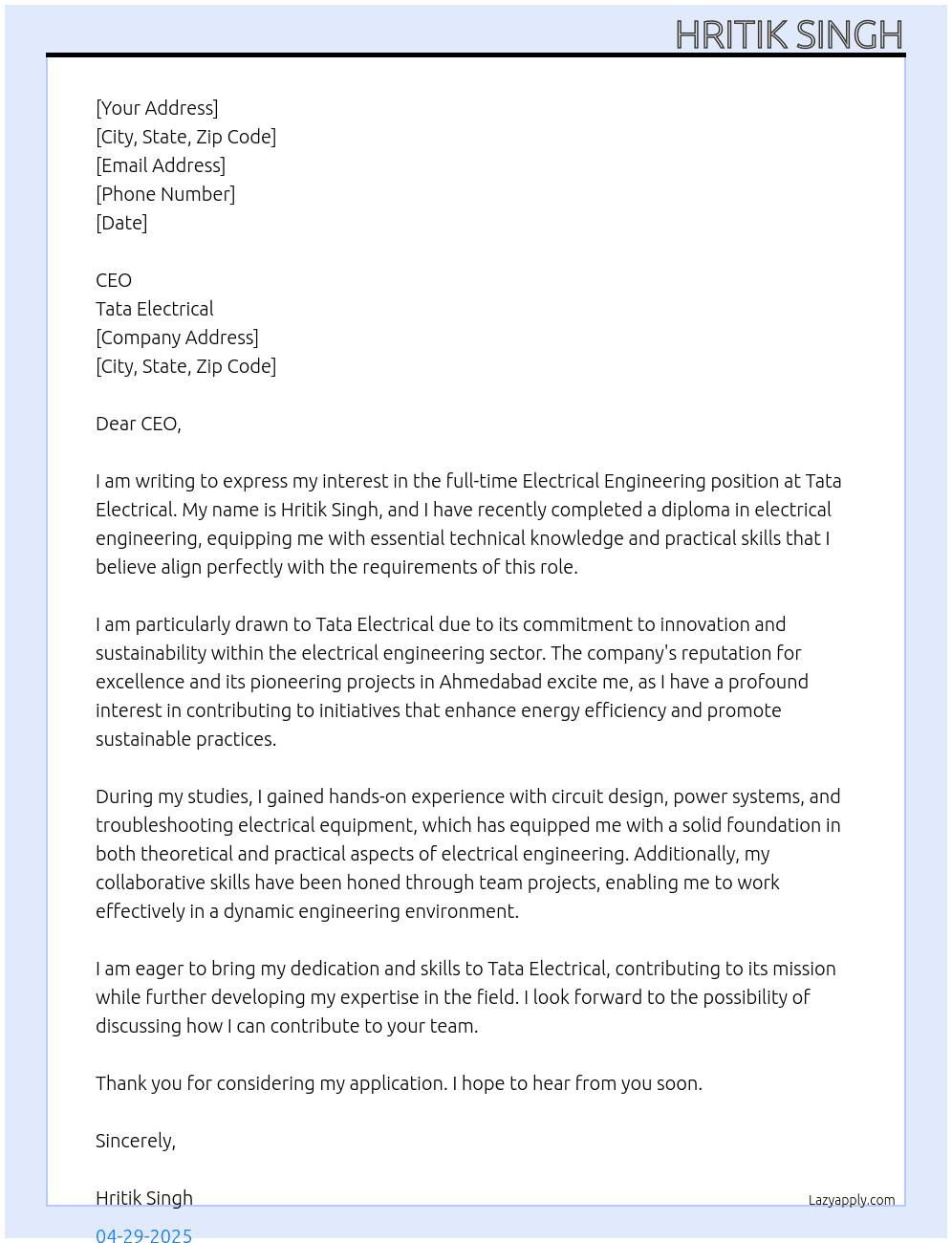 Electrical engineering At Tata electrical Cover Letter