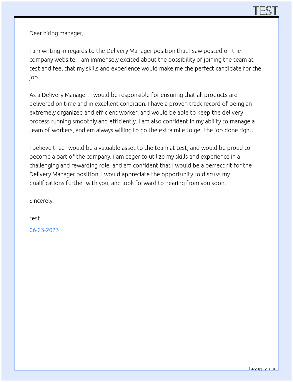 Delivery Manager At test Cover Letter
