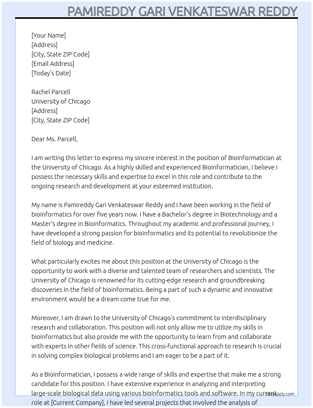 Bioinformatican At University of Chicago  Cover Letter