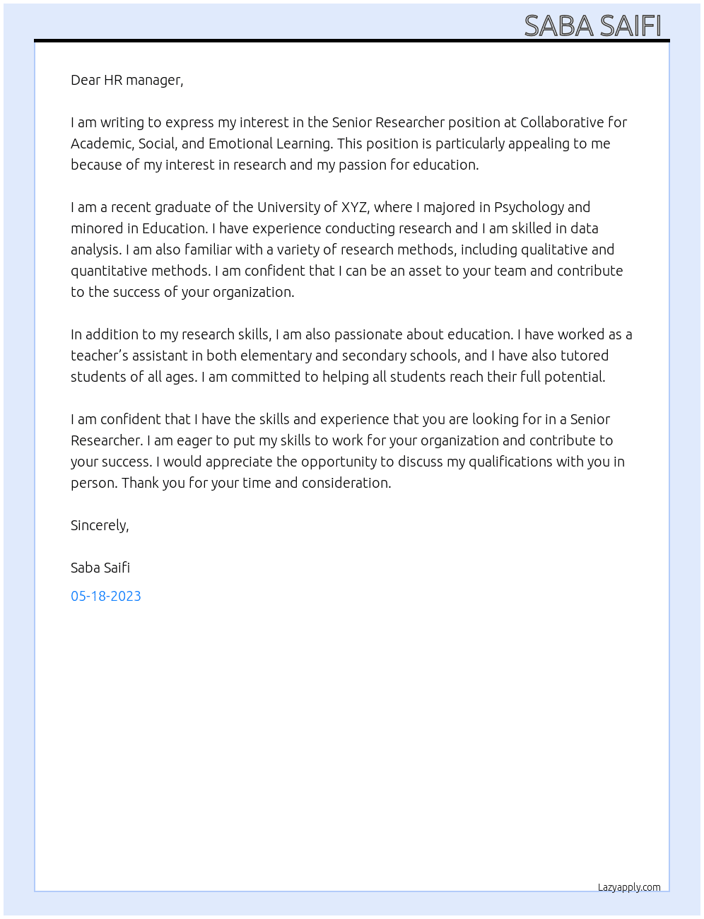 Senior Researcher  At Collaborative for Academic, Social, and Emotional Learning Cover Letter