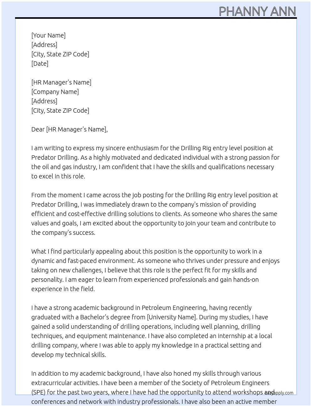Drilling Rig entry level At Predator Drilling  Cover Letter