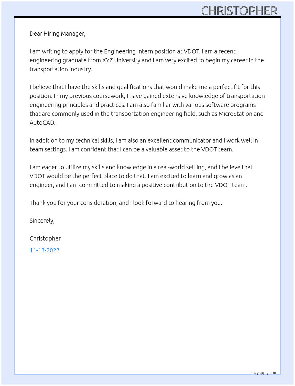 Engineering Intern  At VDOT  Cover Letter