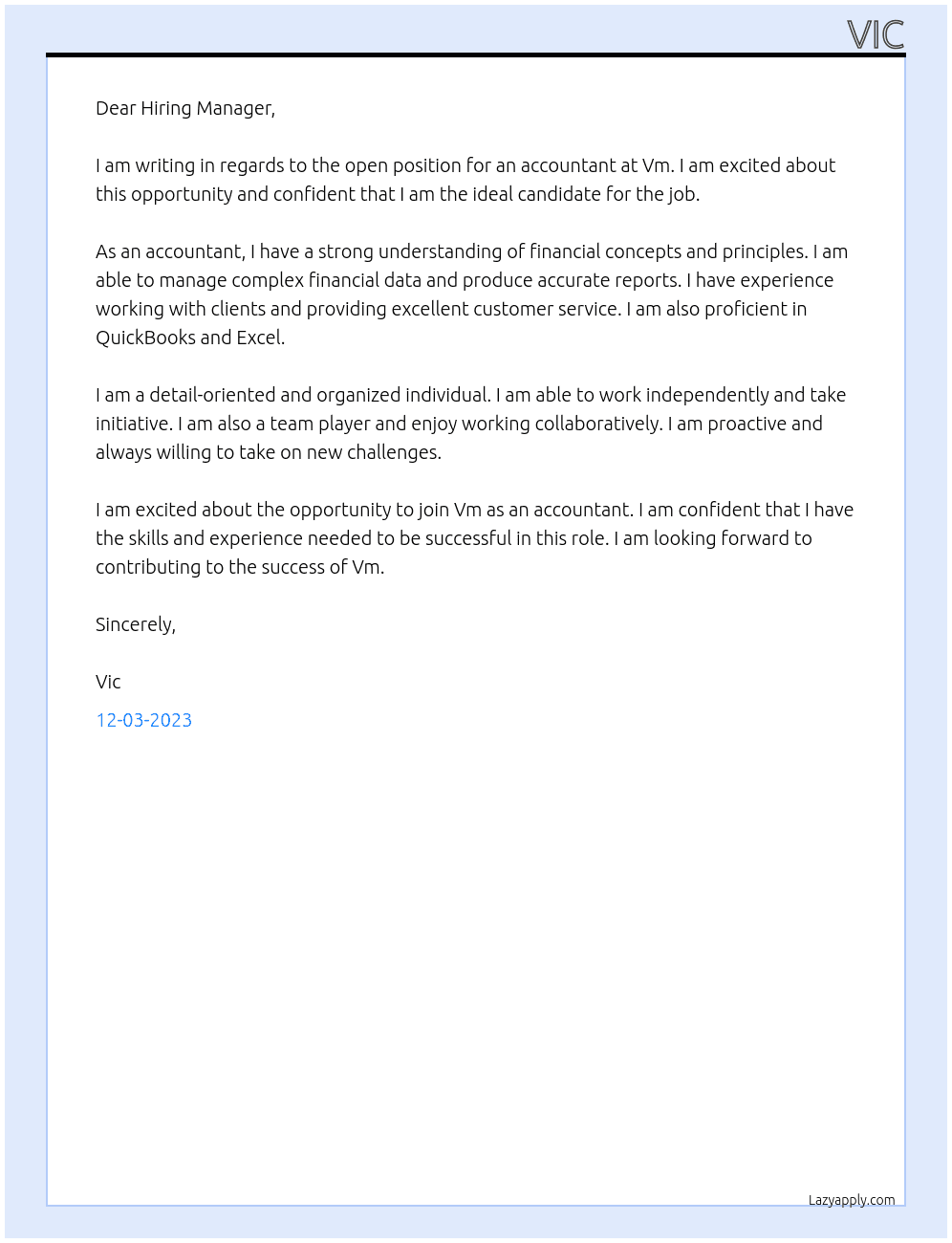 Accountant At Vm Cover Letter