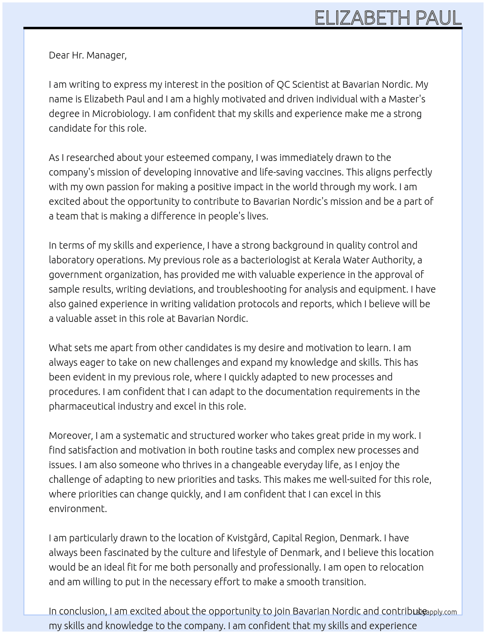 QC Scientist At Bavarian Nordic Cover Letter