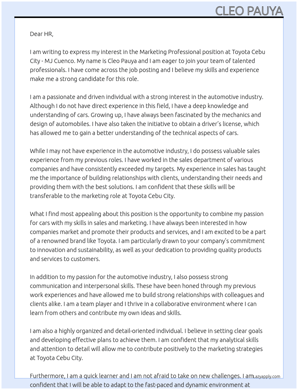 Marketing professional At Toyota Cebu City - MJ Cuenco  Cover Letter