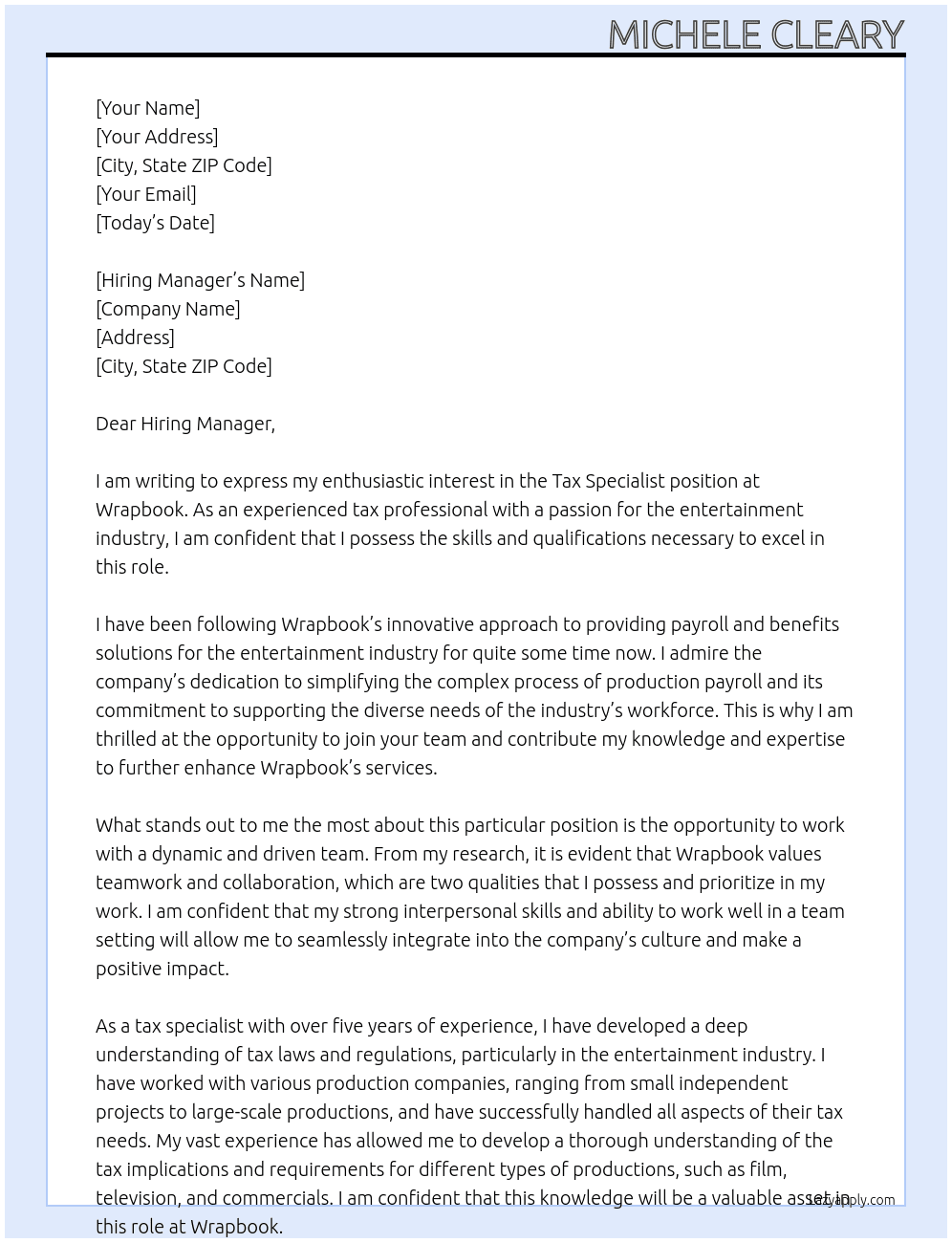 Tax Specialist At Wrapbook Cover Letter