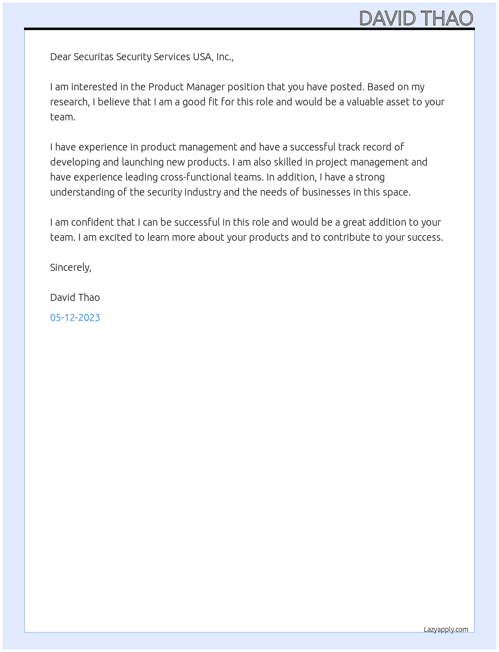 Product Manager At Securitas Security Services USA, Inc. Cover Letter