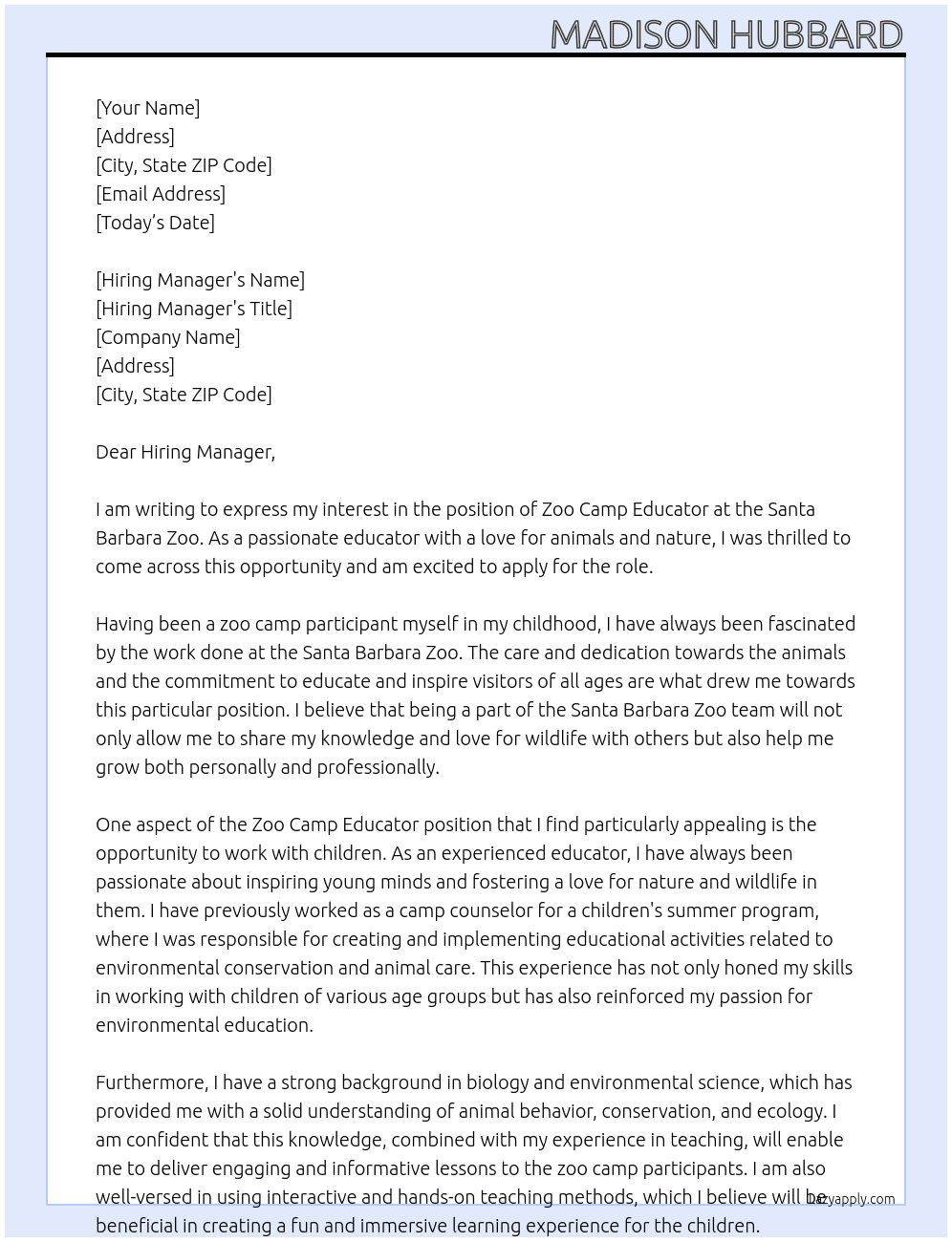 Zoo Camp Educator At Santa Barbara Zoo Cover Letter
