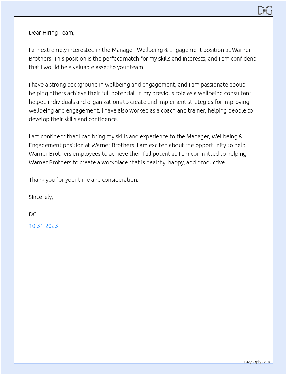Manager, Wellbeing & Engagement At Warner Brothers Cover Letter