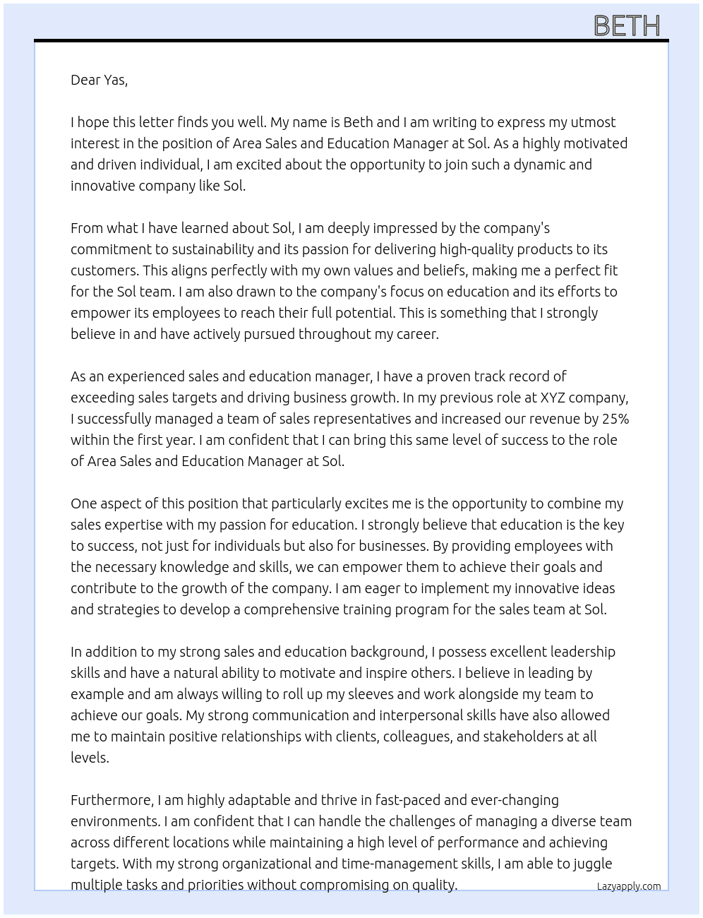 Area sales and education manager At Sol  Cover Letter