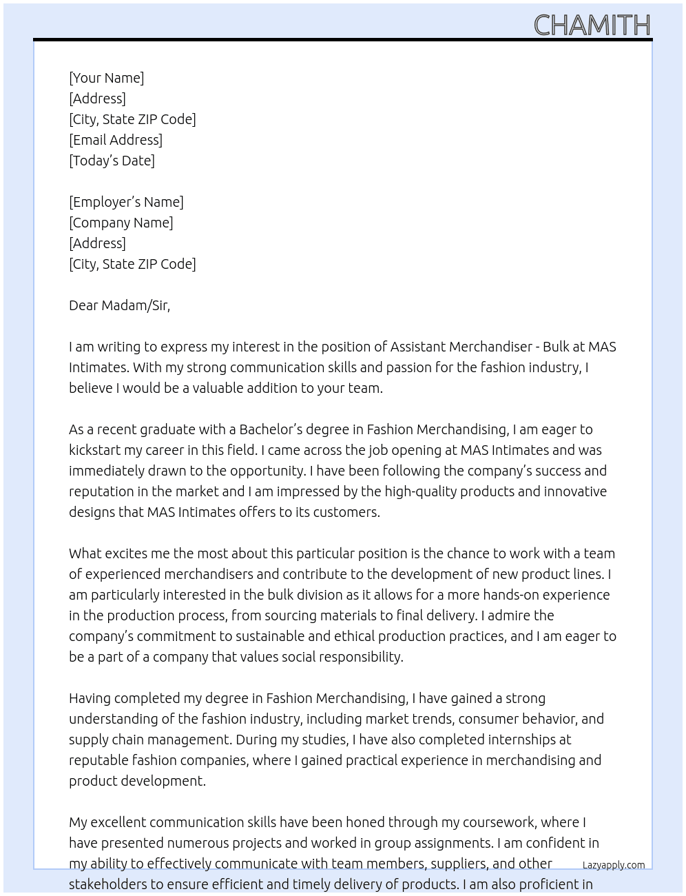 Assistant - Merchandiser - Bulk At MAS Intimates Cover Letter