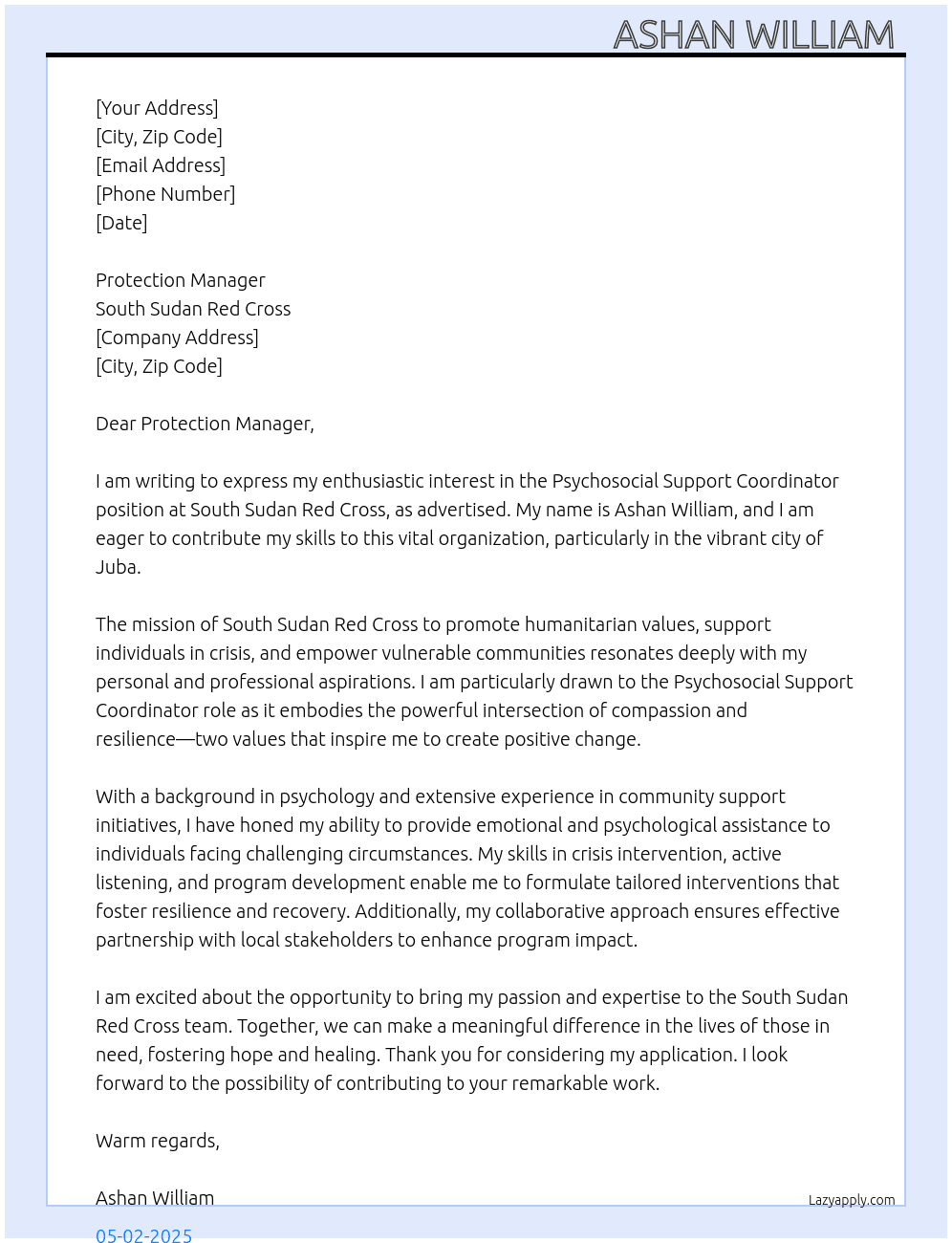 Psychosocial support coordinator  At South Sudan Red Cross  Cover Letter