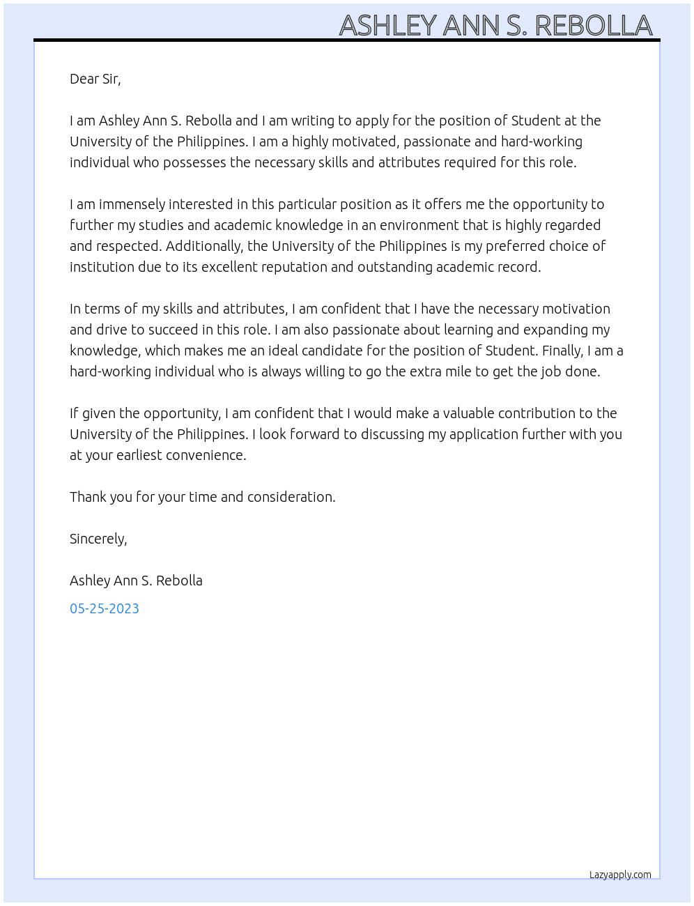 Student  At University of the Philippines  Cover Letter