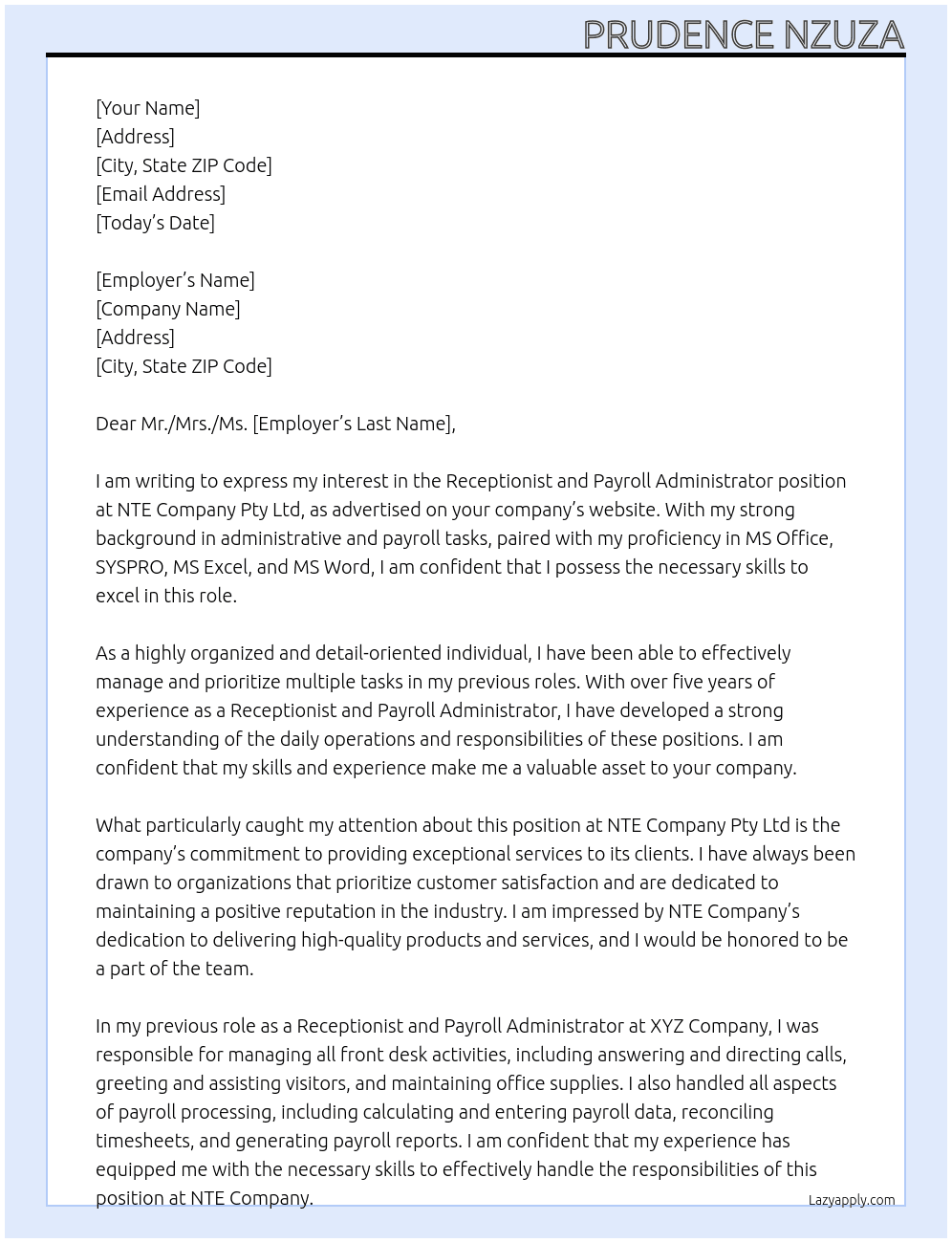 Cover letter for receptionist and payroll administrator - LazyApply