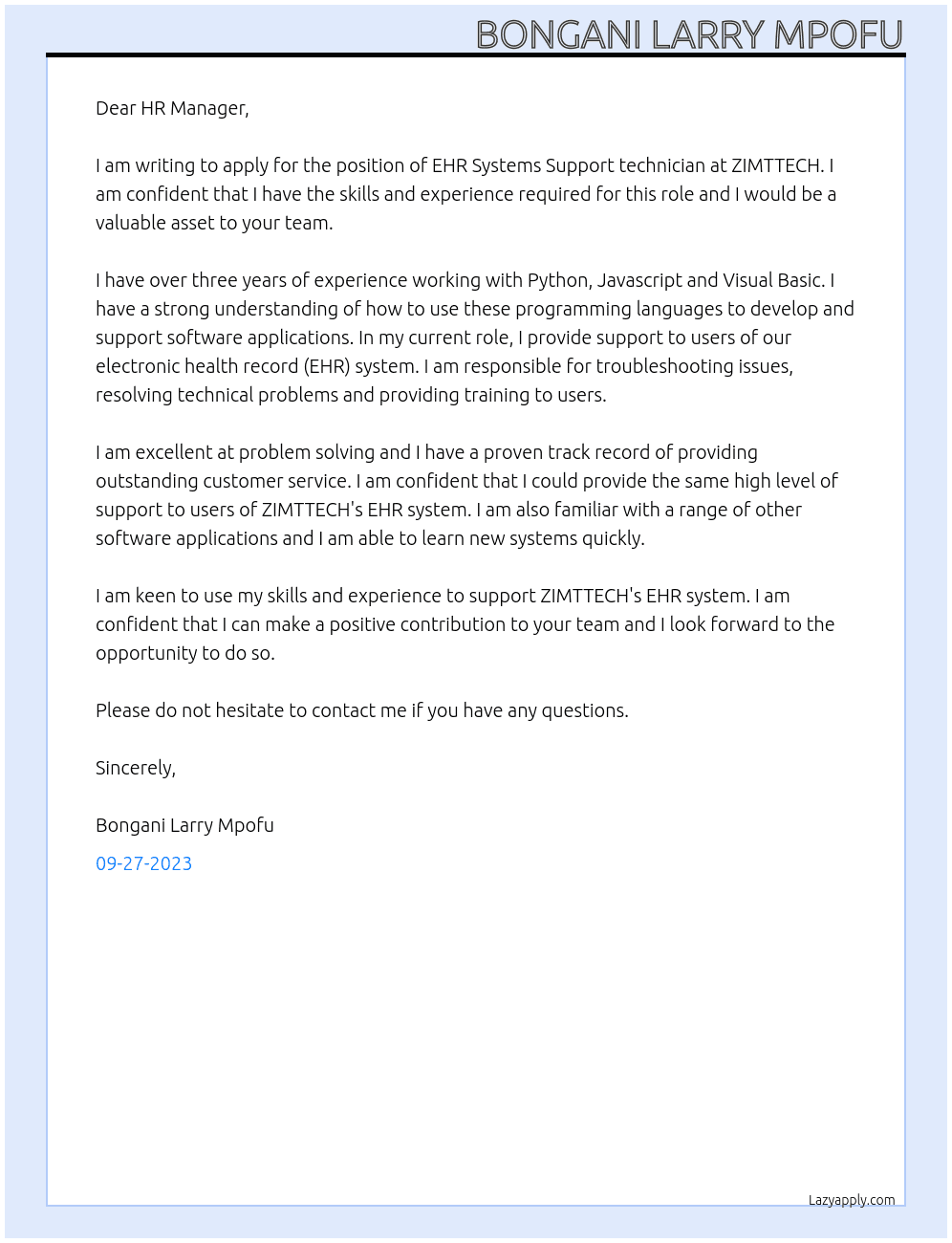 EHR Systems Support technician At ZIMTTECH Cover Letter